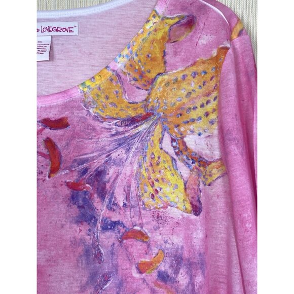 Leoma Lovegrove Womens Size 2X Pink Yellow Lilies Tropical Print Tunic Top XXL - Picture 4 of 6